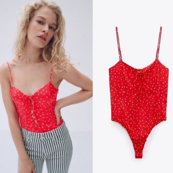 Zara Tops - New Zara Red Lace Up Satin Effect Star Print Bodysuit Women's
